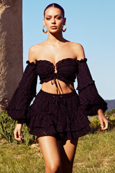 Black Lace Bardot Puff-Sleeved Crop Top